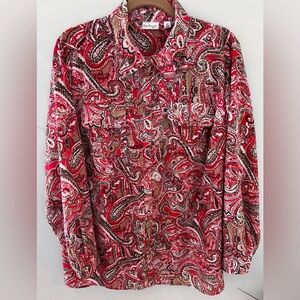 SZ 2X Paisley Pink, Tan, White & Black Button Shirt Blouse Kim Rogers EUC